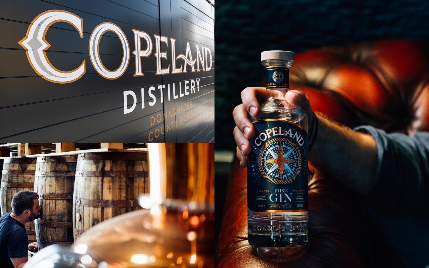 Images of the Copeland Distillery branded sliding door, it's Irish gin and their copper stills