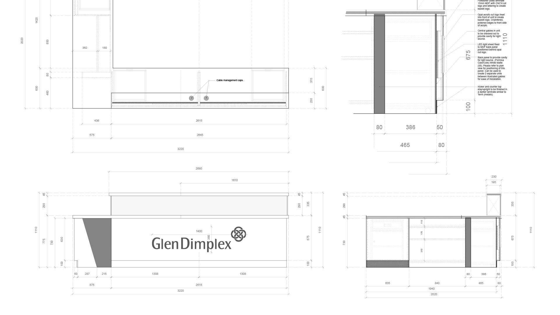 technical drawings for reception area in Glen Dimplex offices and showroom Dublin